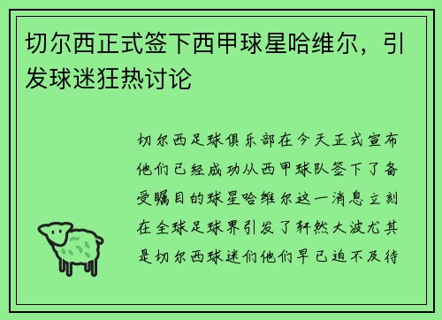 切尔西正式签下西甲球星哈维尔，引发球迷狂热讨论